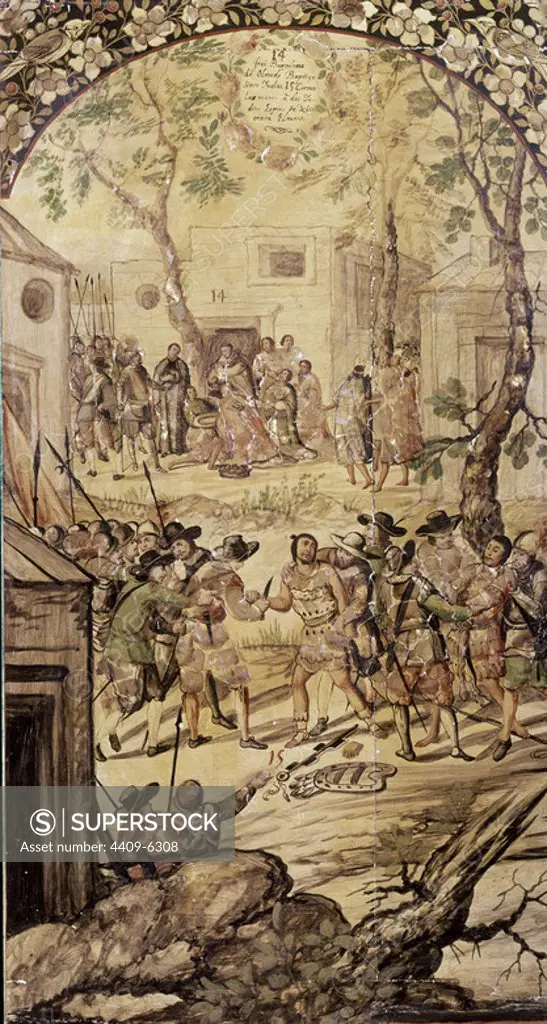 CONQUISTA DE MEXICO-FRAY BARTOLOME DE OLMEDO BAUTIZA 5 INDIAS Y CORTAN MANOS A 2 INDIOS-1698. Author: JUAN y MIGUEL GONZALEZ PINTORES siglo XVII. Location: MUSEO DE AMERICA-COLECCION. MADRID. SPAIN.