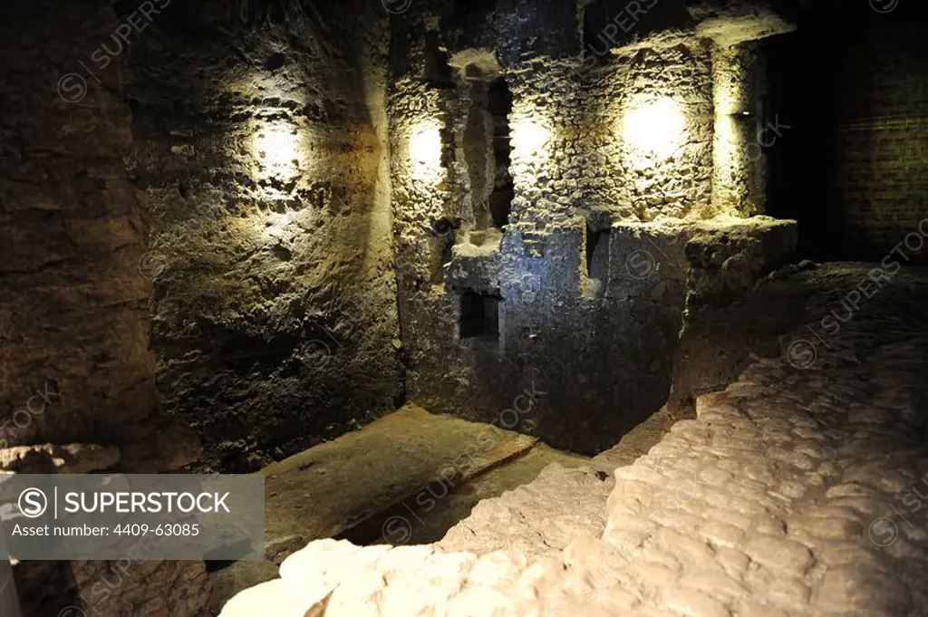 Poland. Krakow. Rynek Underground or the Underground Square Central Museum. Located below of the Market Square. Medieval archaeological remains of the commercial area of the city, 4 meters below square. Inside view.