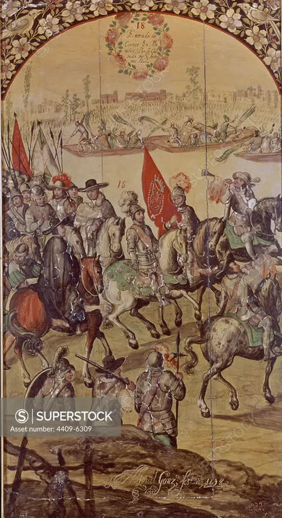 The encounter between Hernando Cortes and Montezuma - 1698 - oil on panel. Author: JUAN y MIGUEL GONZALEZ PINTORES siglo XVII. Location: MUSEO DE AMERICA-COLECCION. MADRID. SPAIN. HERNAN CORTES. BARTOLOME DE LAS CASAS. FRAY BARTOLOME DE LAS CASAS. CASAS FRAY BARTOLOME.