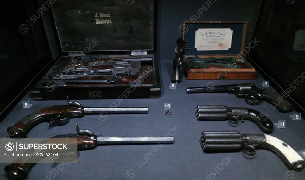 Weapons. Fire arms. 8. Sharps system percussion pepperbox. Austria, signed H.Mann, 1859. Unrifled, calibre; 5mm. 9. Percussion revolver. London, 1860. Ribled, calibre: 11mm. 10. Tin-foil cartridges. Europe. 19th century. Copper. 11. Percussion pepperbox. Belgium, signed "Mariette", 1837-1850. Imitation Damascus, engraved steel, ebony. Rifled, calibre: 8mm. 12. Percussion pepperbox. Belgium, Liege, signed "EGL", about 1850. Imitation Damascus, chased steel, ivory. Rifled, calibre: 8 mm. National Museum of Krakow. Poland.