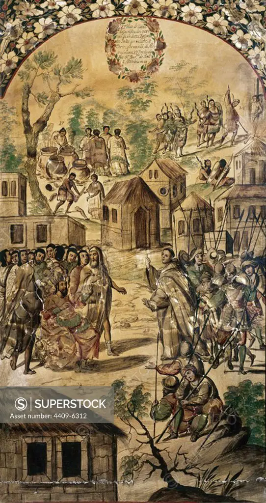 Spanish school. Conquest of Mexico: Friar Bartolomé Preaching Before Moctezuma and His Warriors. 1689. Madrid, Museum of America. Author: JUAN y MIGUEL GONZALEZ PINTORES siglo XVII. Location: MUSEO DE AMERICA-COLECCION. MADRID. SPAIN. BARTOLOME DE LAS CASAS. MOCTEZUMA II. OLMEDO FRAY BARTOLOME. FRAY BARTOLOME OLMEDO. FRAY BARTOLOME DE LAS CASAS. CASAS FRAY BARTOLOME.
