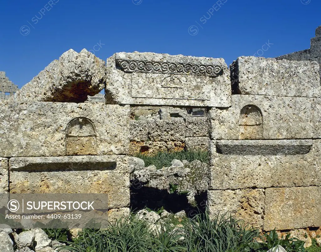 Balshoon, Syria. Dead City of Serjilla, founded in 473 BC. Ruins of a Christian church. Architectural detail. (Photo taken before the Syrian Civil War).