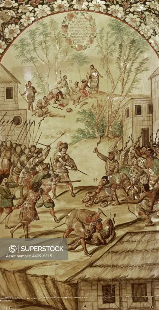 CONQUEST OF MEXICO-INDIANS SHOW SPANISH HEADS TO THE SOLDIERS. Author: JUAN y MIGUEL GONZALEZ PINTORES siglo XVII. Location: MUSEO DE AMERICA-COLECCION. MADRID. SPAIN.