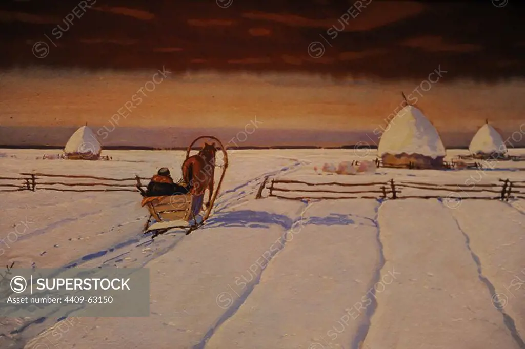 Julian Falat (1853-1929). Polish watercolor impressionist painter. Winter Landscape in Polesia, 1910. Museum of Contemporary Art. Krakow, Poland.