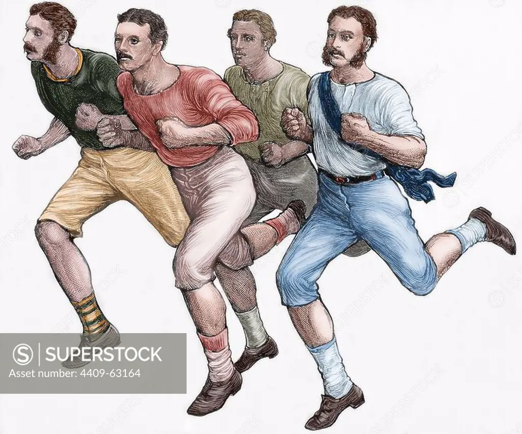 Athletics. Race. Early twentieth century. Colored engraving.