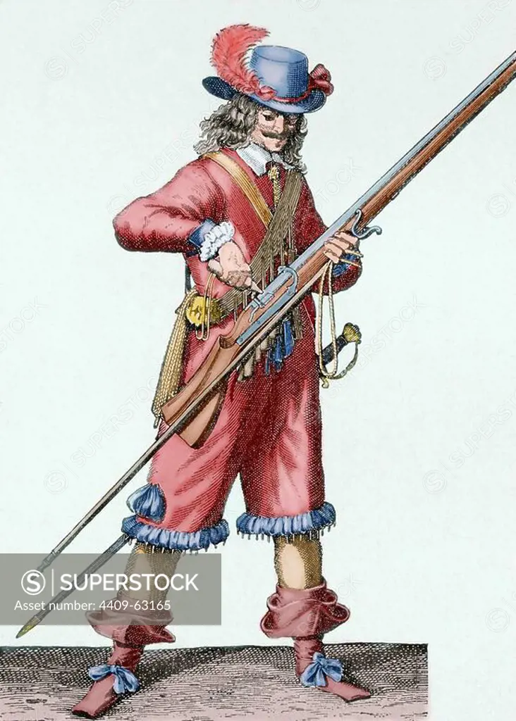 France. Army of the 18th century. Musketeer of the Infantry of Louis XIV filling the musket's bowl with black powder. Colored engraving.