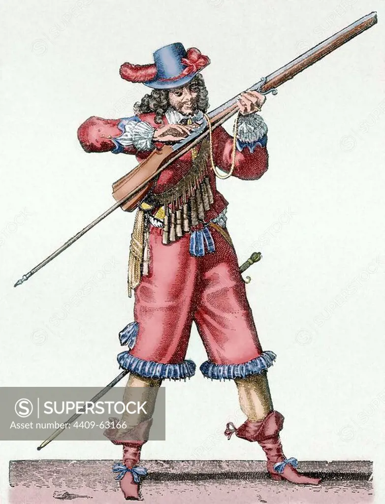 France. Army of the 18th century. Musketeer of the Infantry of Louis XIV blowing the fuse of the musket. Colored engraving.