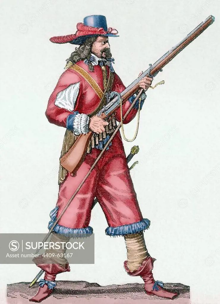 France. Army of the 18th century. Musketeer of the Infantry of Louis XIV with his musket. Colored engraving.
