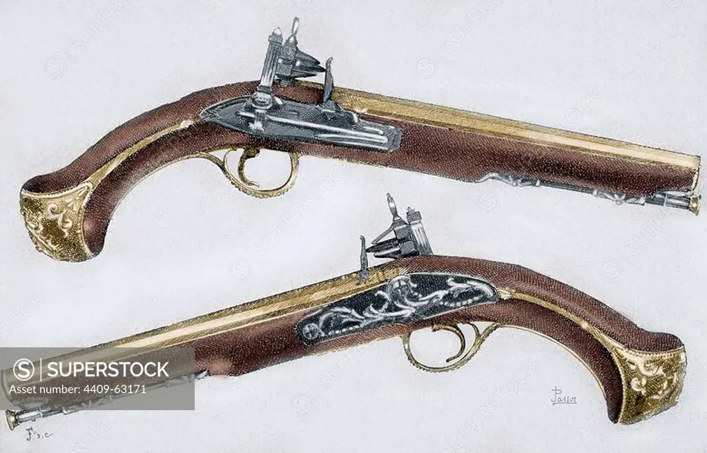 Pistols. 18th century. Colored engraving.