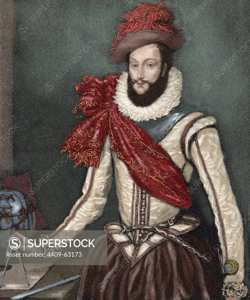 Sir Walter Raleigh (c. 1554-1618). English aristocrat, writer, poet, soldier, courtier, spy, and explorer. Colored engraving in "El Mundo Ilustrado", 1880.
