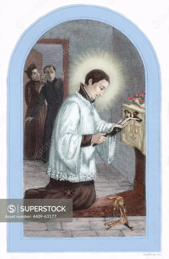 Saint Aloysius Gonzaga (1568-1591). Italian Jesuit seminarian and student at the Roman college. He died in Rome, at the service of persons infected by the plague. Beatified in 1605, he was canonized in 1726. Colored engraving.