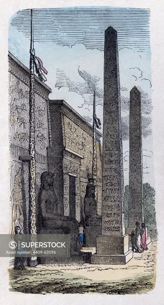 Historia Antigua. Egipto. Entrada de un templo-palacio. Grabado alemán de 1863.