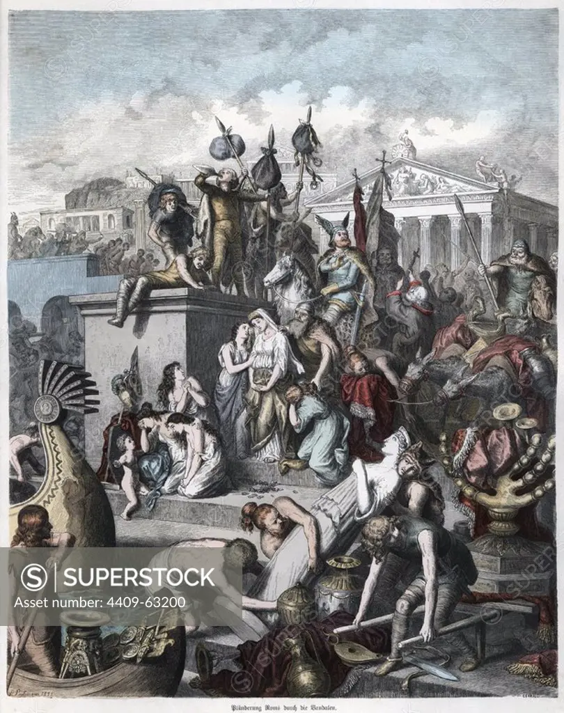 Historia Antigua. Roma. Entrada y pillaje de los vándalos en la ciudad. Grabado alemán de 1865.