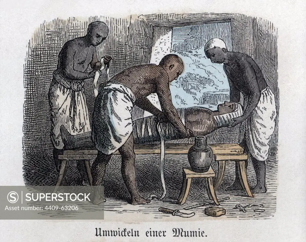 Historia Antigua. Egipto. Preparación de una momia. Grabado alemán de 1865.
