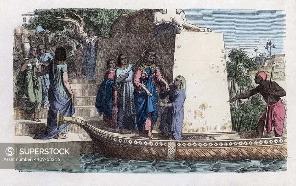 Historia Antigua. Egipto. Paseo en barca de una dama noble. Grabado alemán de 1863.