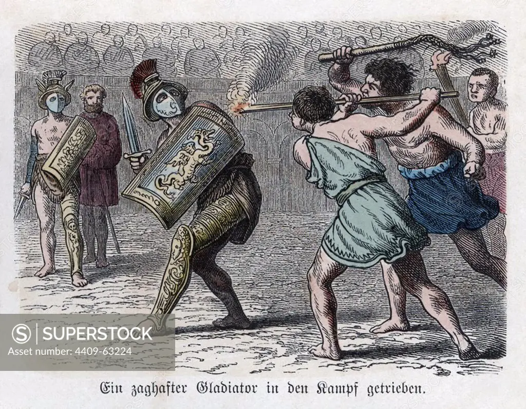 Historia Antigua. Roma. Circo romano, lucha de gladiadores, cobardía. Grabado alemán de 1865.