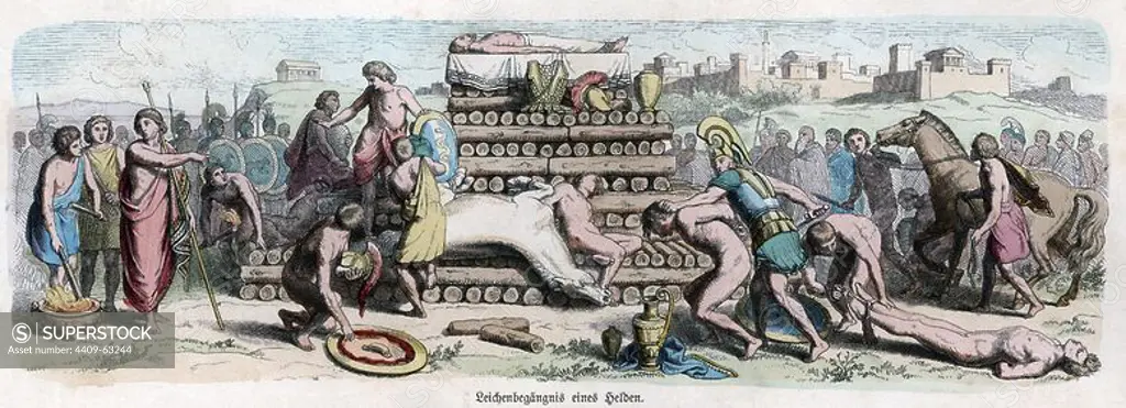 Historia Antigua. Grecia. Entierro de un héroe en una pira funeraria. Grabado alemán de 1863.