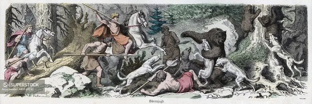 Historia Antigua. Grecia. Caza del oso. Grabado alemán de 1865.