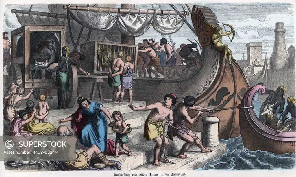 Historia Antigua. Roma. Desembarco de animales y fieras para el circo romano. Grabado alemán de 1866.