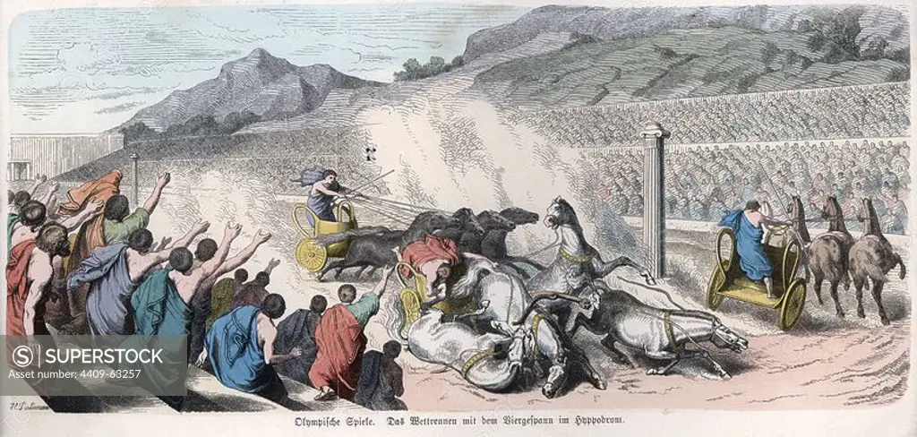 Historia Antigua. Grecia. Competiciones atléticas, carrera de cuádrigas en el hipódromo. Grabado alemán de 1865.