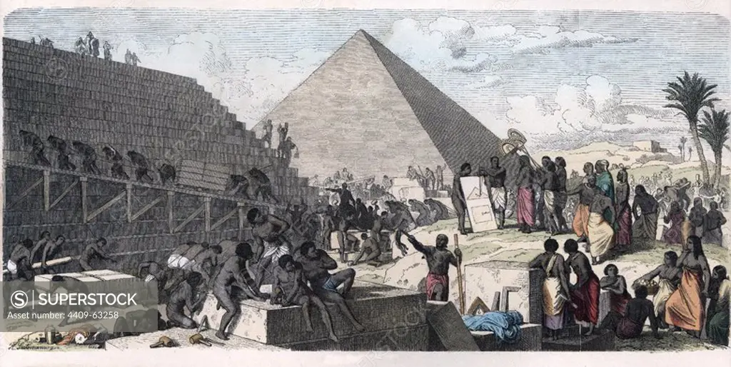 Historia Antigua. Egipto. Construcción de una pirámide. Grabado alemán de 1863.