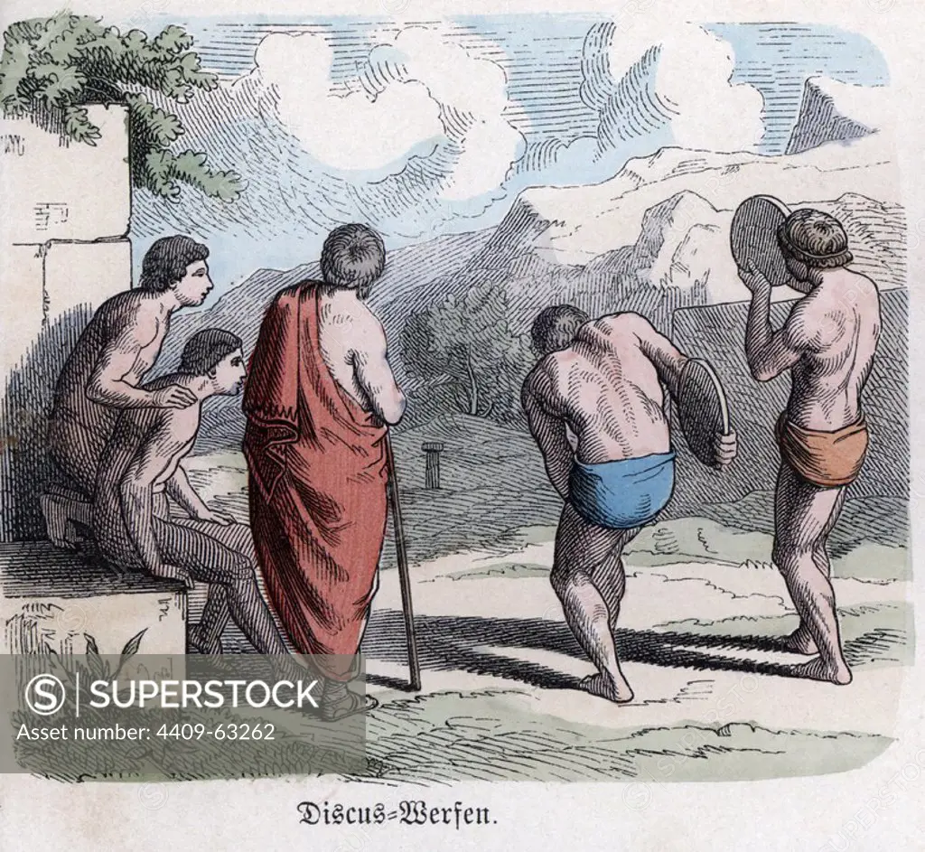 Historia Antigua. Grecia. Competiciones atléticas, juego del disco. Grabado alemán de 1865.