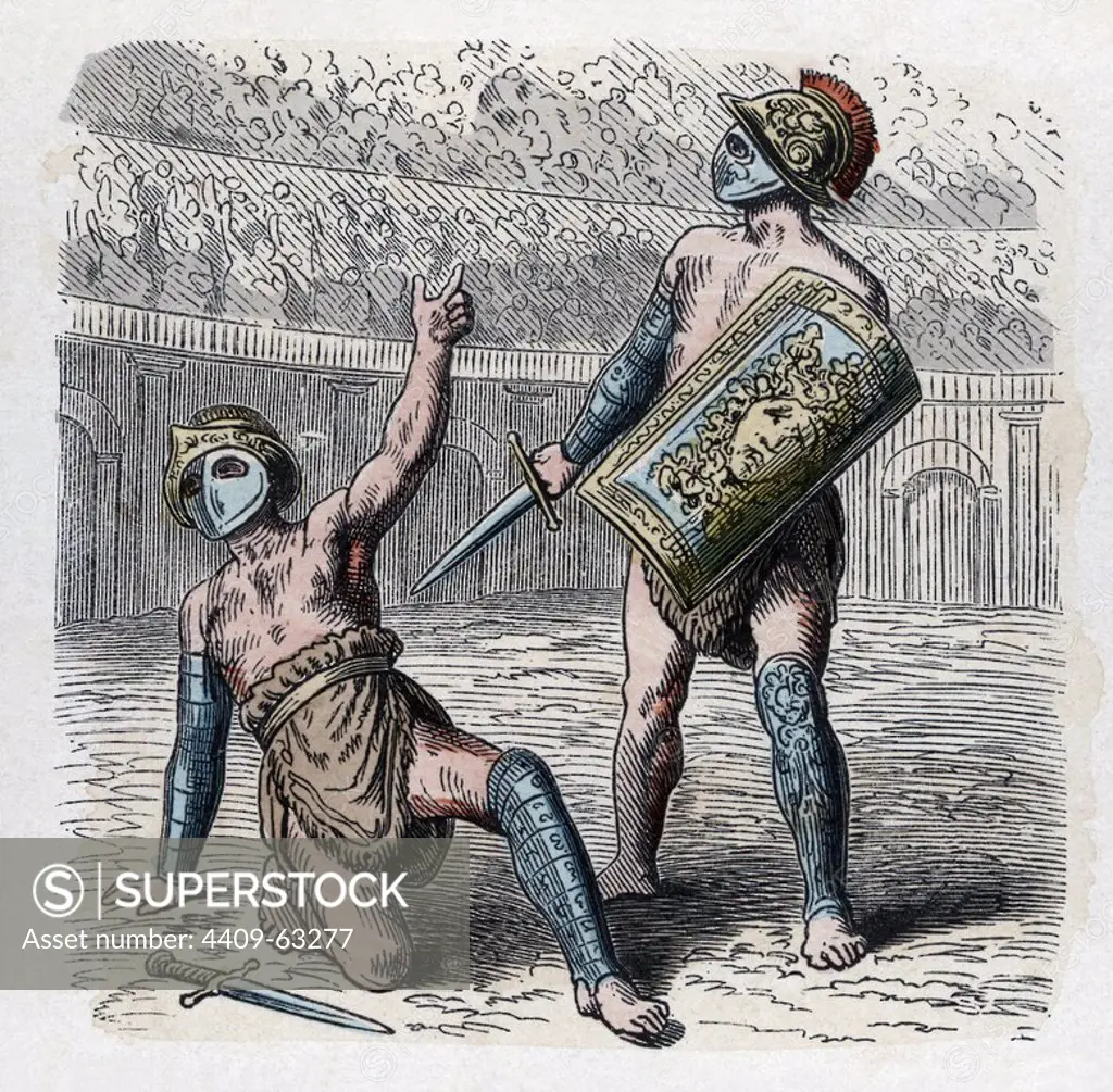Historia Antigua. Roma. Circo romano, petición de gracia. Grabado alemán de 1866.