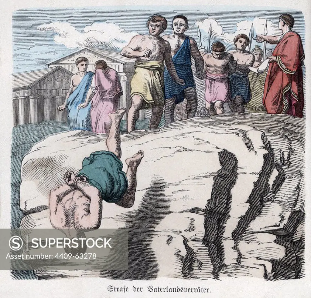 Historia Antigua. Roma. Ejecución en la roca Tarpeya. Grabado alemán de 1865.