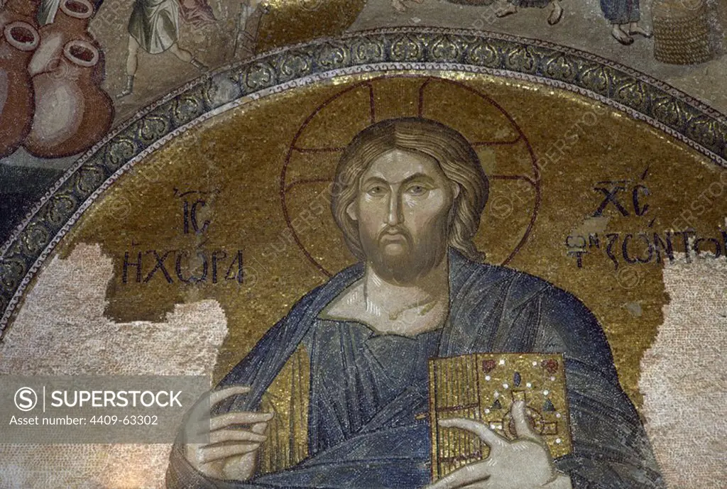 Chora Church. Bizantine art. Mosaic on the lunette over the doorway to the esonarthex portrays. Christ as "The Land of the Living". 1315-1321. Istanbul, Turkey.