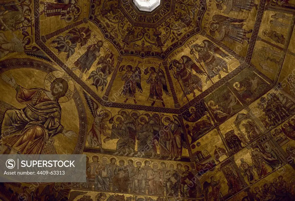 Florence, Italy. Baptistery of St. Giovanni. Ceiling mosaics. 1240-1300. Biblical scenes. Detail. Tuscany region.