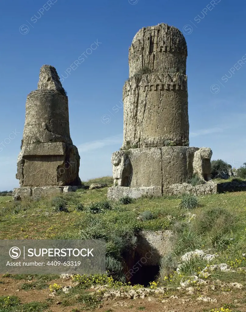 Syria. Amrit or Marathos. Ancient Phoenician city, founded in 3rd millennium BC. Burial towers called "al Maghazil" or The Spindles. (Photo taken before the Syrian Civil War).