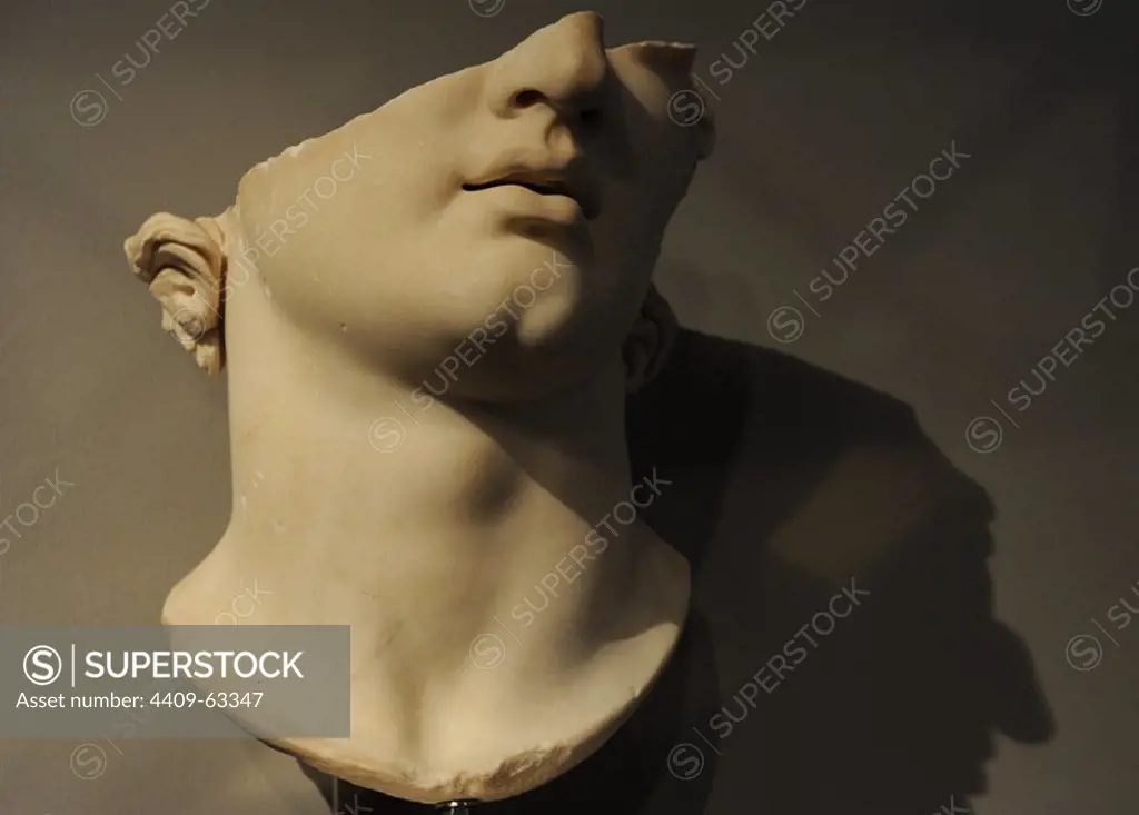 Greek art. Asia Minor. Colossal head of a youth. Pergamon. Marble. 2nd BC. Top terrace Gym. The Antikensammlung Berlin (Berlin antiquities collection).
