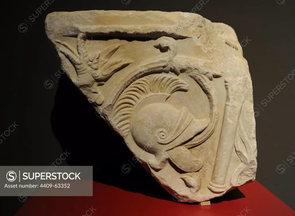 Greek art. Asia Minor. Tendril frieze fragment with weaponry. Pergamon. 2nd century AD. The Antikensammlung Berlin (Berlin antiquities collection).