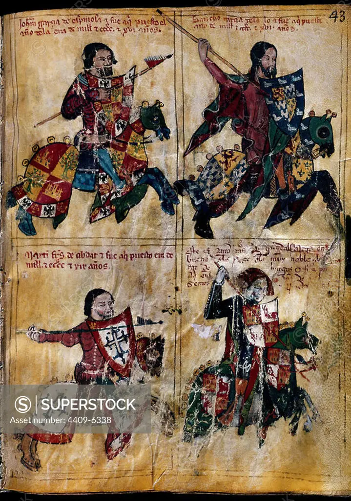 Book of the Order of Santiago Knighthood. 1361. Folio 43. Garcia Espinosa - Garcia Lalo. Burhos, Local Archives. Location: ARCHIVO MUNICIPAL. BURGOS. SPAIN. GARCIA DE ESPINOSA JUAN. GARCIA DE LALO SANCHO. FERNANDEZ DE CIBDAT MARTIN. MARTINEZ DE GUADALAJARA ANTON.