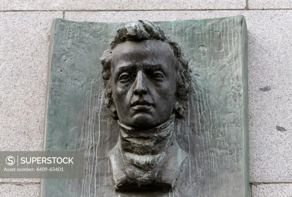 Frederic Chopin (1810-1849). Polish composer and virtuoso pianist of the Romantic era. Commemorative plaque on wall of the Czech National Bank, house where Chopin lived from 1829 to 1830 in the city. Prague, Czech Republic.