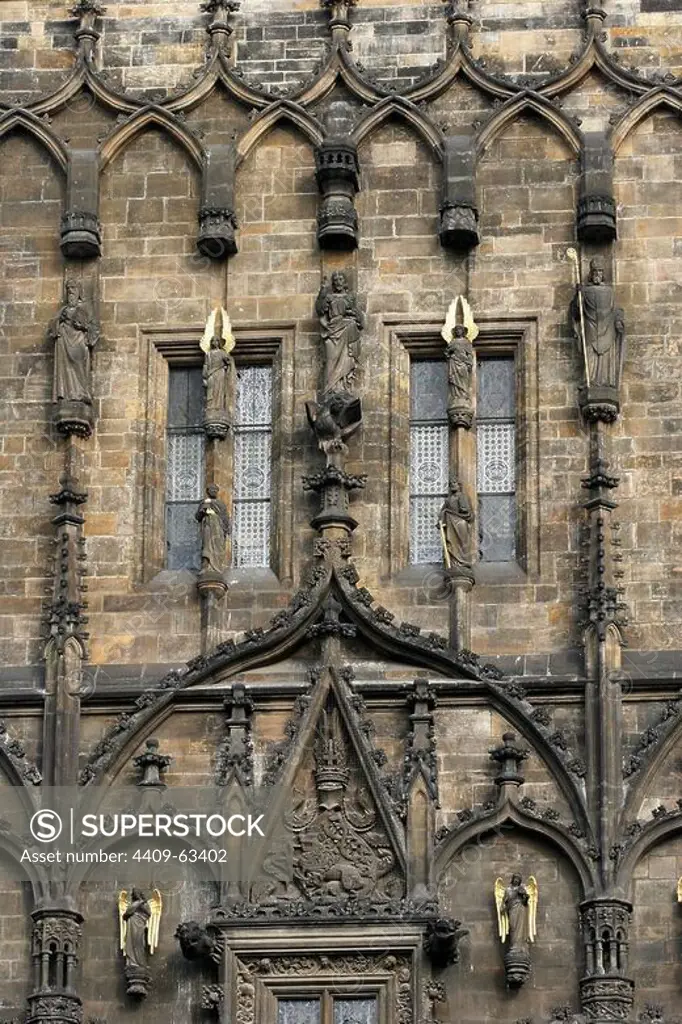 Prague, Czech Republic. Powder Tower or Powder Gate. Gothic style tower, one of the original city gates. 1475. It was built by Matej Rejsek (1445-1506). Architectural detail.