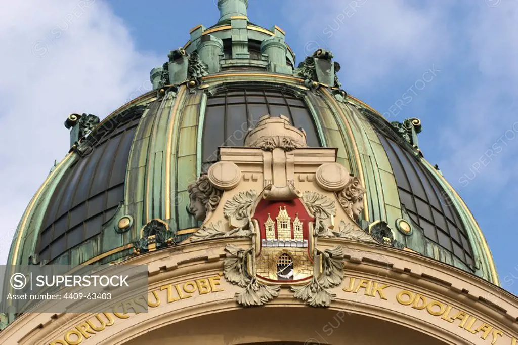 Prague, Czech Republic. Prague. Municipal House, 1905-1911. It was designed by Osvald Polivka and Antonin Balsanek. Art Nouveau style. Dome, architectural detail.