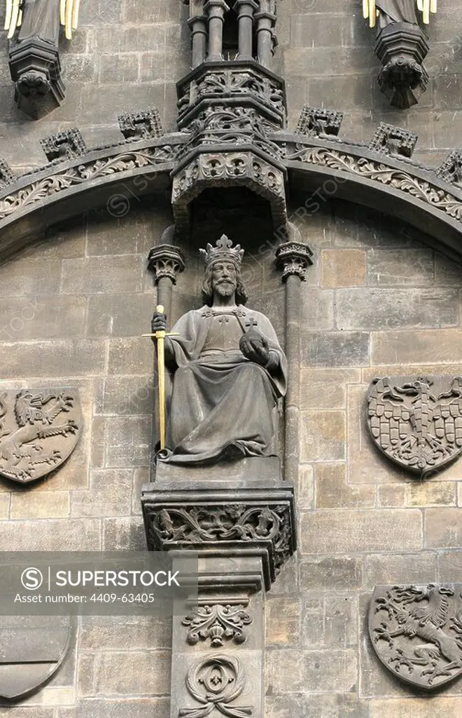 Ottokar II (1233-1278). King of Bohemia from 1253 to 1278. Statue on the Powder Tower (old Gate of the city). Prague, Czech Republic.