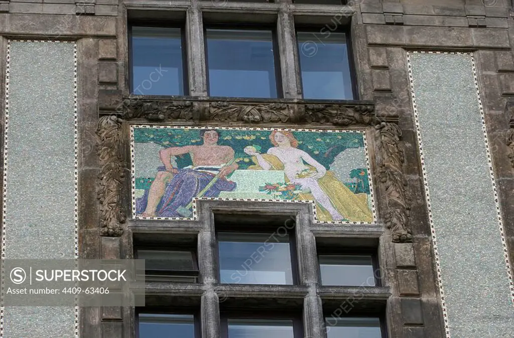 Prague, Czech Republic. Mosaic on a facade of one of the many Art Nouveau building, Jugendstil period (late 19th century, early 20th century).