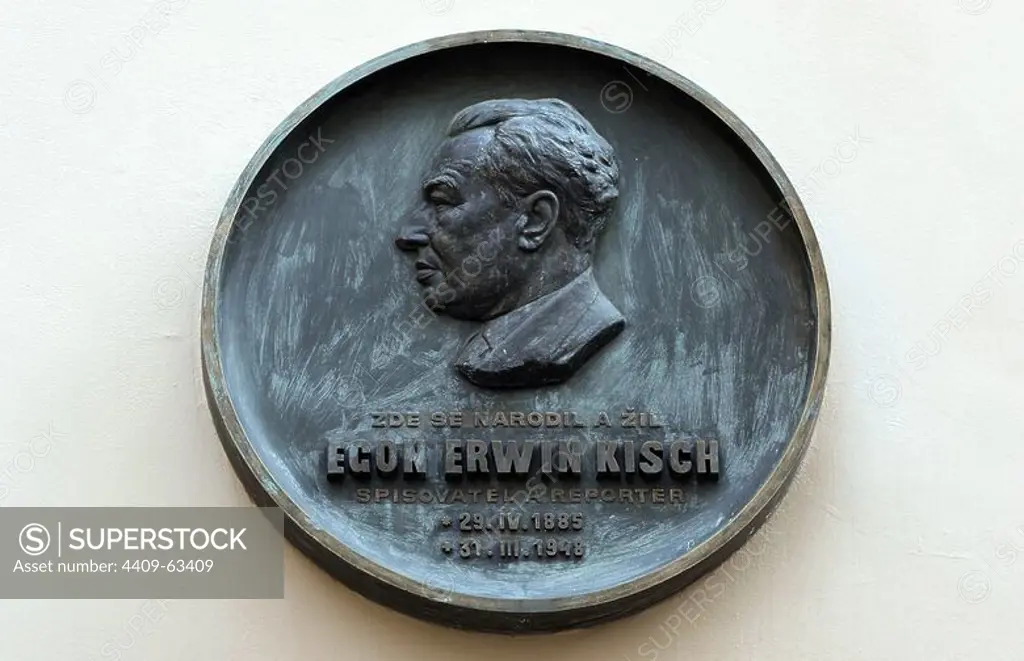 Egon Erwin Kisch (1885-1948). Austrian and Czechoslovak writer and journalist. Commemorative plaque on a building, with an inscription: "Here was born and lived Egon Erwin Kisch. Writer and reporter. 29.IV.1885-31.III.1948". Prague, Czech Republic.