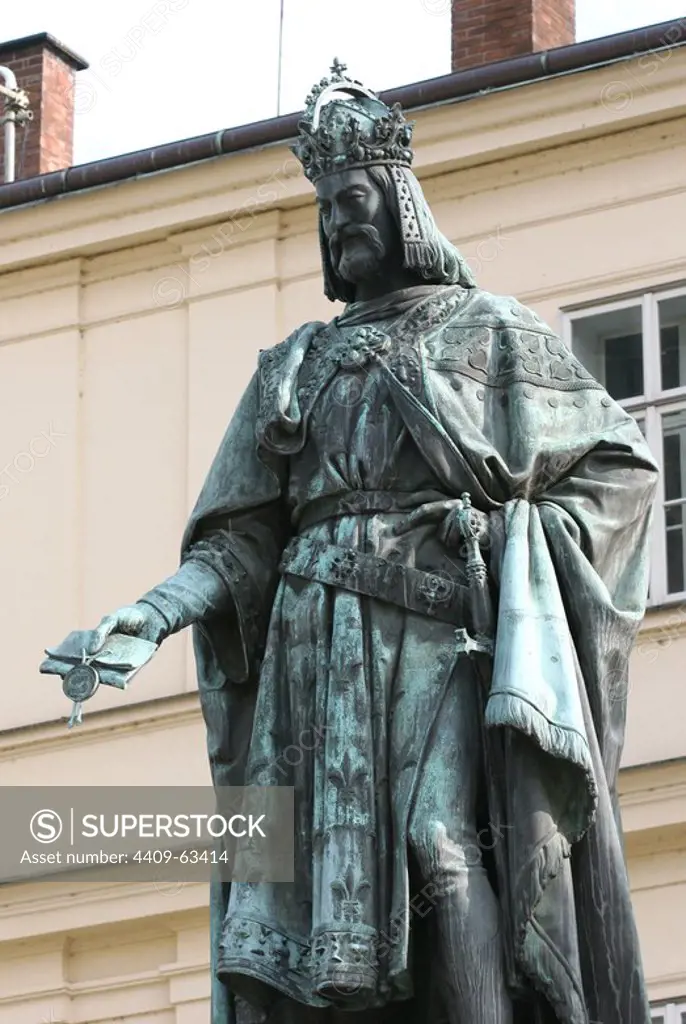 Charles IV, Holy Roman Emperor, born Wenceslaus (1316-1378). King of Bohemia from the House of Luxembourg. Statue near Charles Bridge. Designed by Arnost J. Ha_hnel ( 1848) Prague. Czech Republic.