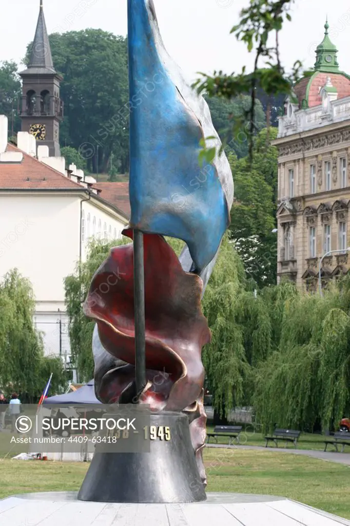 Czech Republic. Prague. Resistance Flag Monument 1938-1945. Memorial of resistance to Nazi occupation. 2005 (Mala Strana). Sculptural work, Vladimir Preclik (1929-2008).
