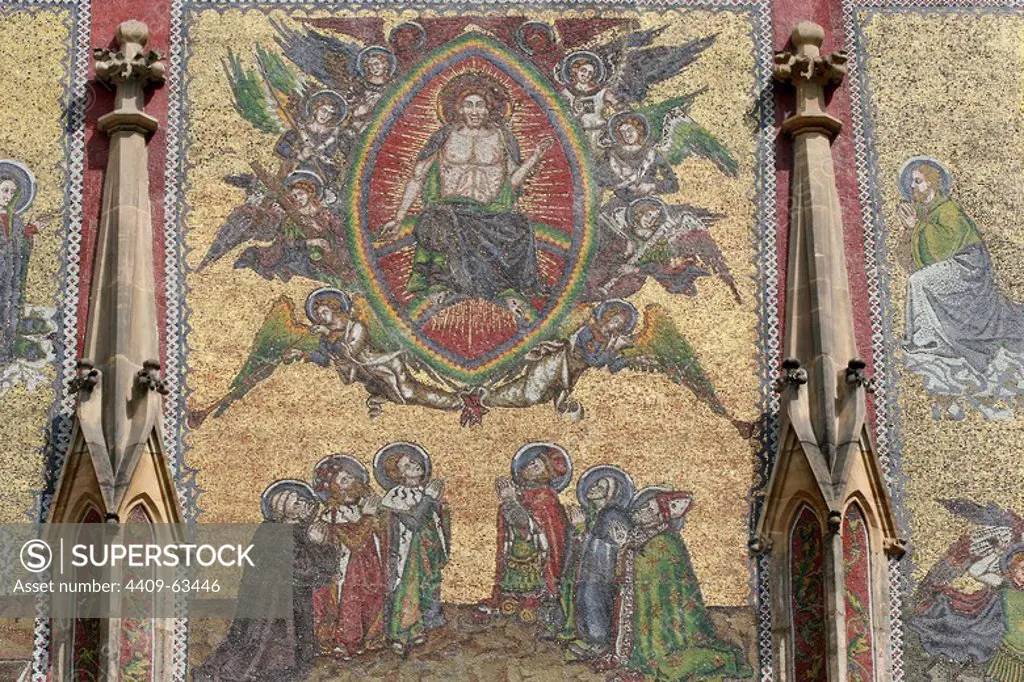 Czech Republic. Prague. St. Vitus Cathedral. The Golden Gate. The Mosaic of the Last Judgement (1372), by Niccoletto Semitecolo, Italian painter of the early-Renaissance. 14th century. Castle complex.