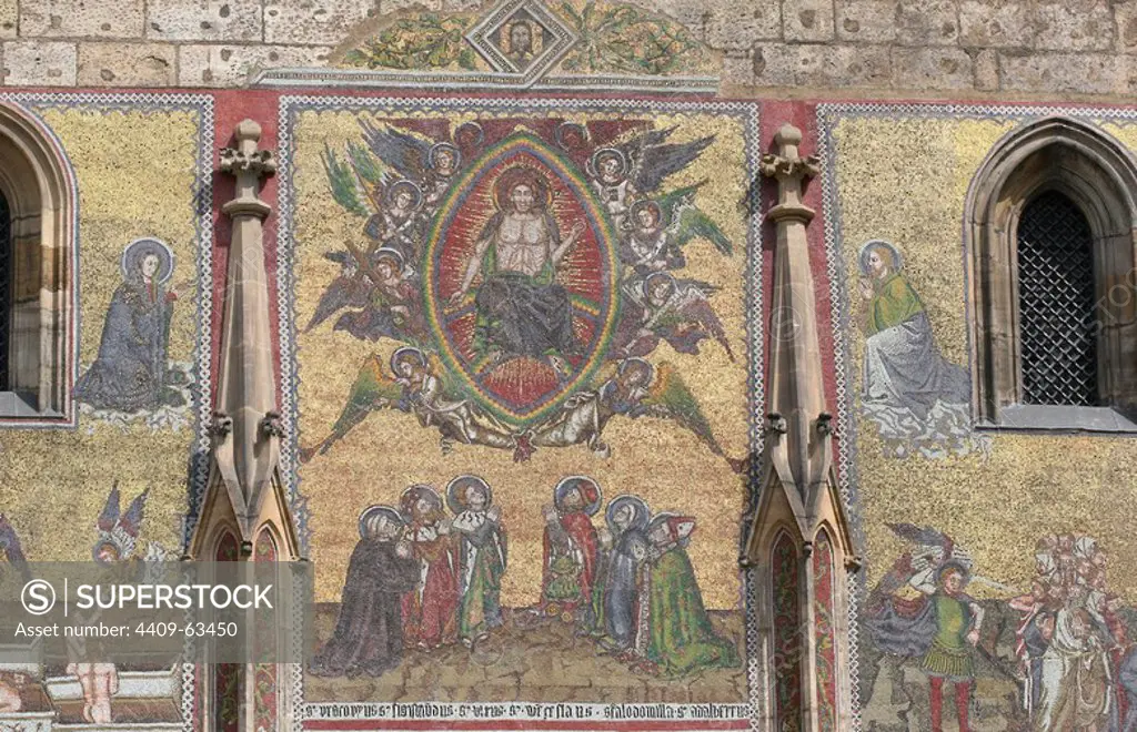 Czech Republic. Prague. St. Vitus Cathedral. The Golden Gate. The Mosaic of the Last Judgement (1372), by Niccoletto Semitecolo, Italian painter of the early-Renaissance. 14th century. Castle complex.