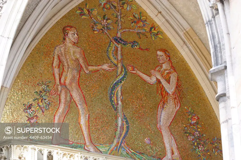 Czech Republic. Prague. St. Vitus Cathedral. The Golden Gate. The Mosaic of Adam and Eve(1372), by Niccoletto Semitecolo, Italian painter of the early-Renaissance. 14th century. Castle complex.