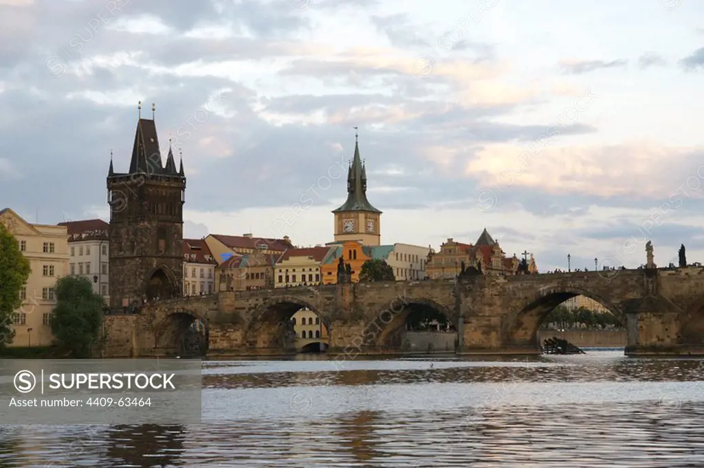 Czech Republic. Prague. View of Charles Bridge and Vltrava river.