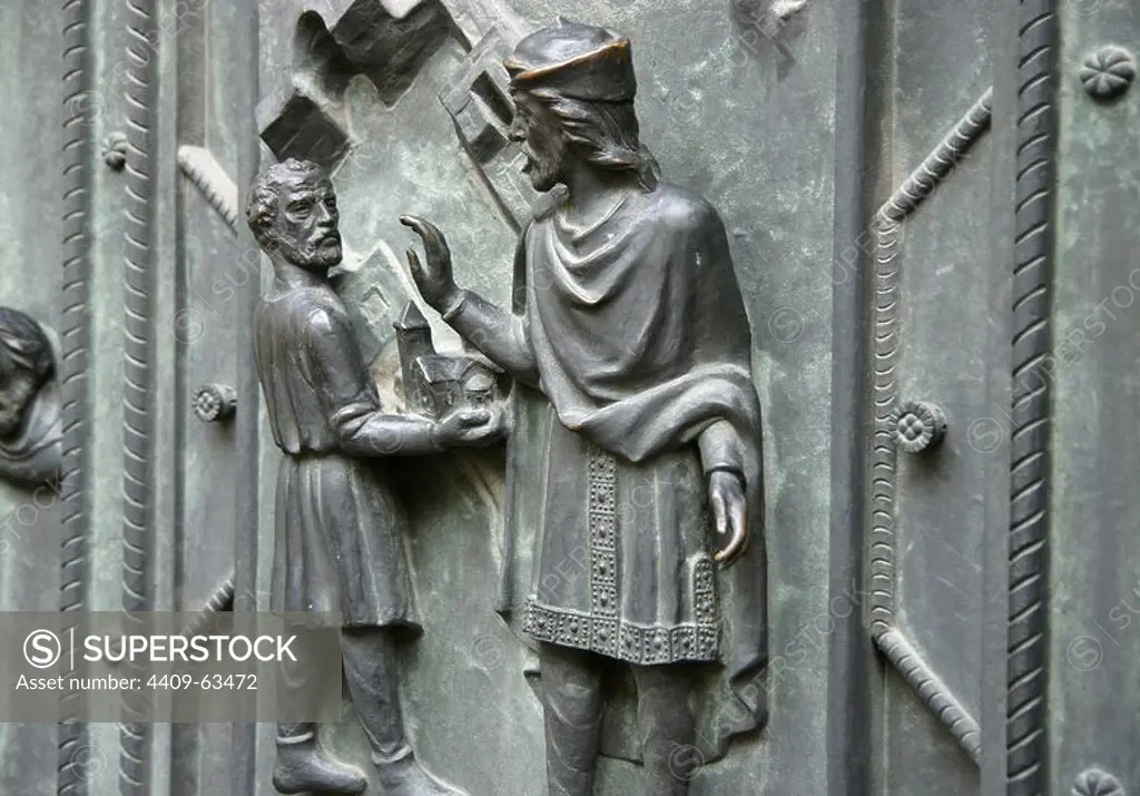 St. Wenceslaus I( 938). Bronze door, made __in 1927 by Otakar Spaniel (1881-1955). Decorated with reliefs of the life of the saint. West Facade. St. Vitus Cathedral. Prague. Czech Republic.