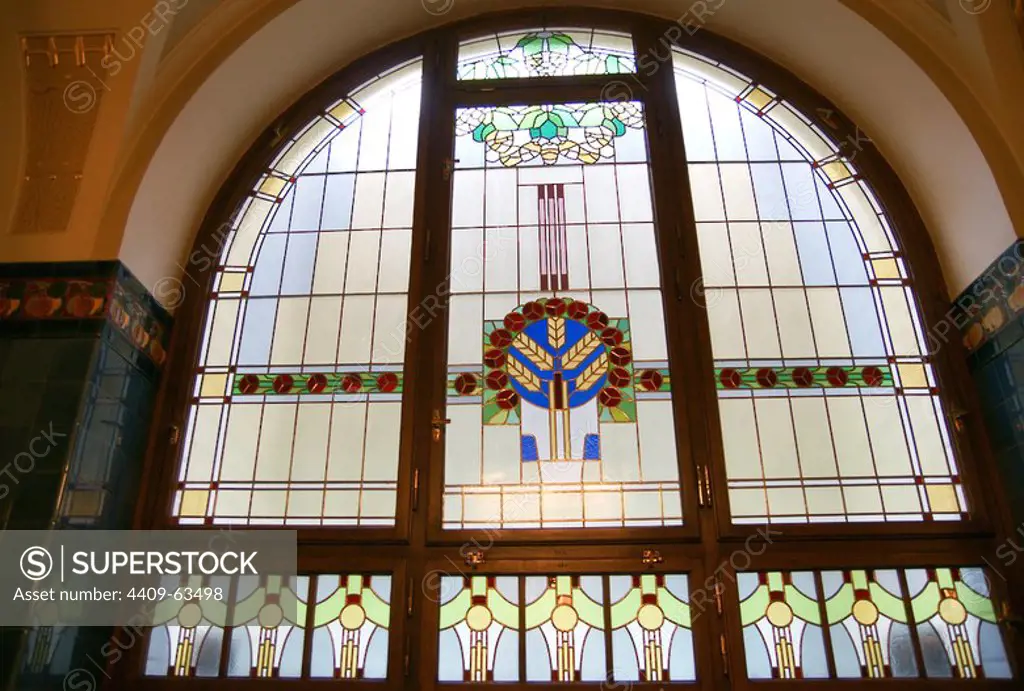 Czech Republic. Prague. Municipal House (Obecni Dum). Civic building and concert hall. 1905-1911. Designed by Osvald Polivka and Antonin Balsanek. Art Nouveau style. Detail of stained glass decoratint on the outside.