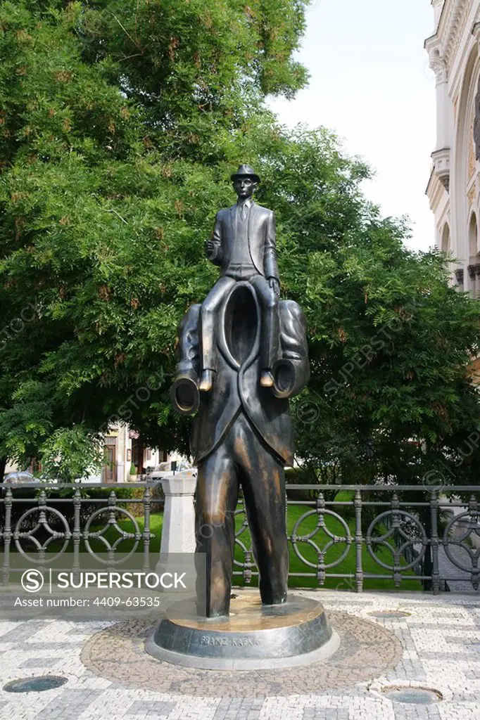 Franz Kafka (1883-1924). Statue. Prague. Bronze statue by Czech sculptor Jaroslav Rona (b. 1957) is based on a vivid description that appears in Franz Kafka's early short story "Description of a Struggle". 2003. Jewish Quarter.
