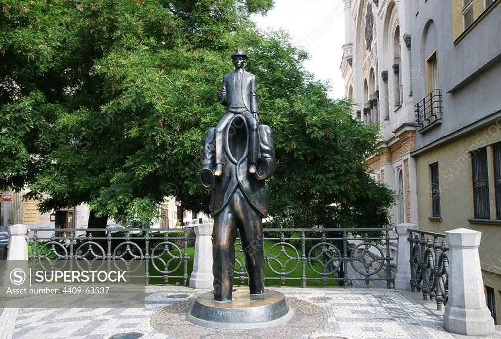 Franz Kafka (1883-1924). German Jewish novelist. Sculpture by Jaroslav Rona (b. 1957), inspired by Kafka's short story "Description of a Struggle". It is located in front of the Spanish synagogue, Jewish quarter. Prague, Czech Republic.